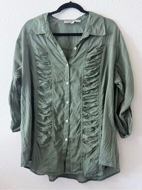 MKM Designs Olive Green Ruffle-Front Button Down Shirt 0079